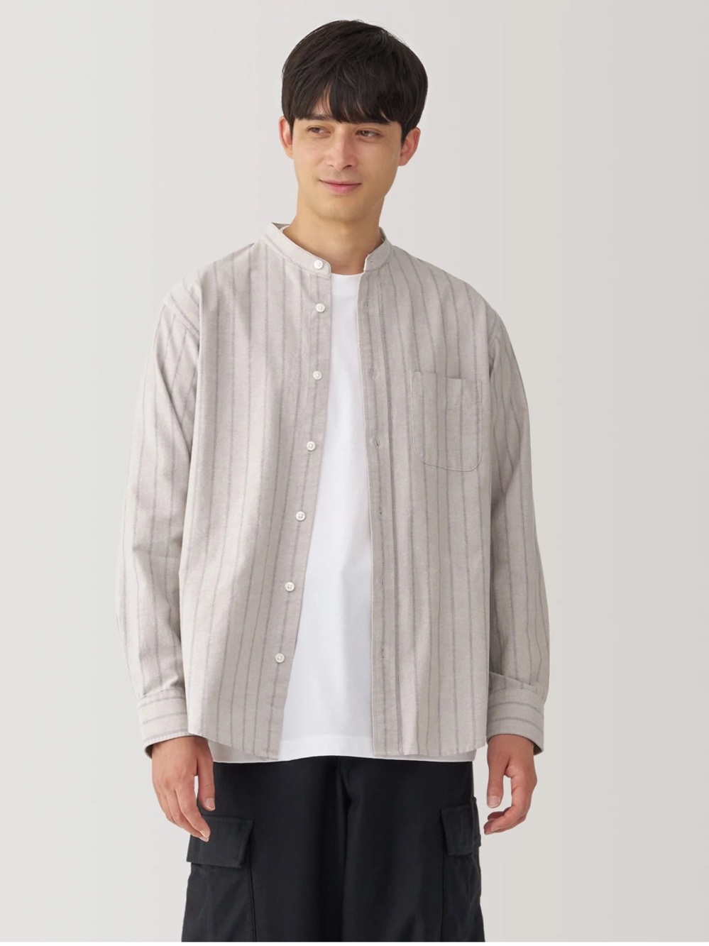 Muji Men's Washed Oxford Stand Collar Long Sleeve Shirt - Large